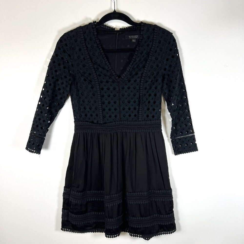 AllSaints crochet dress size 0 black lace 3/4 sleeve v neck lined Silo tiered